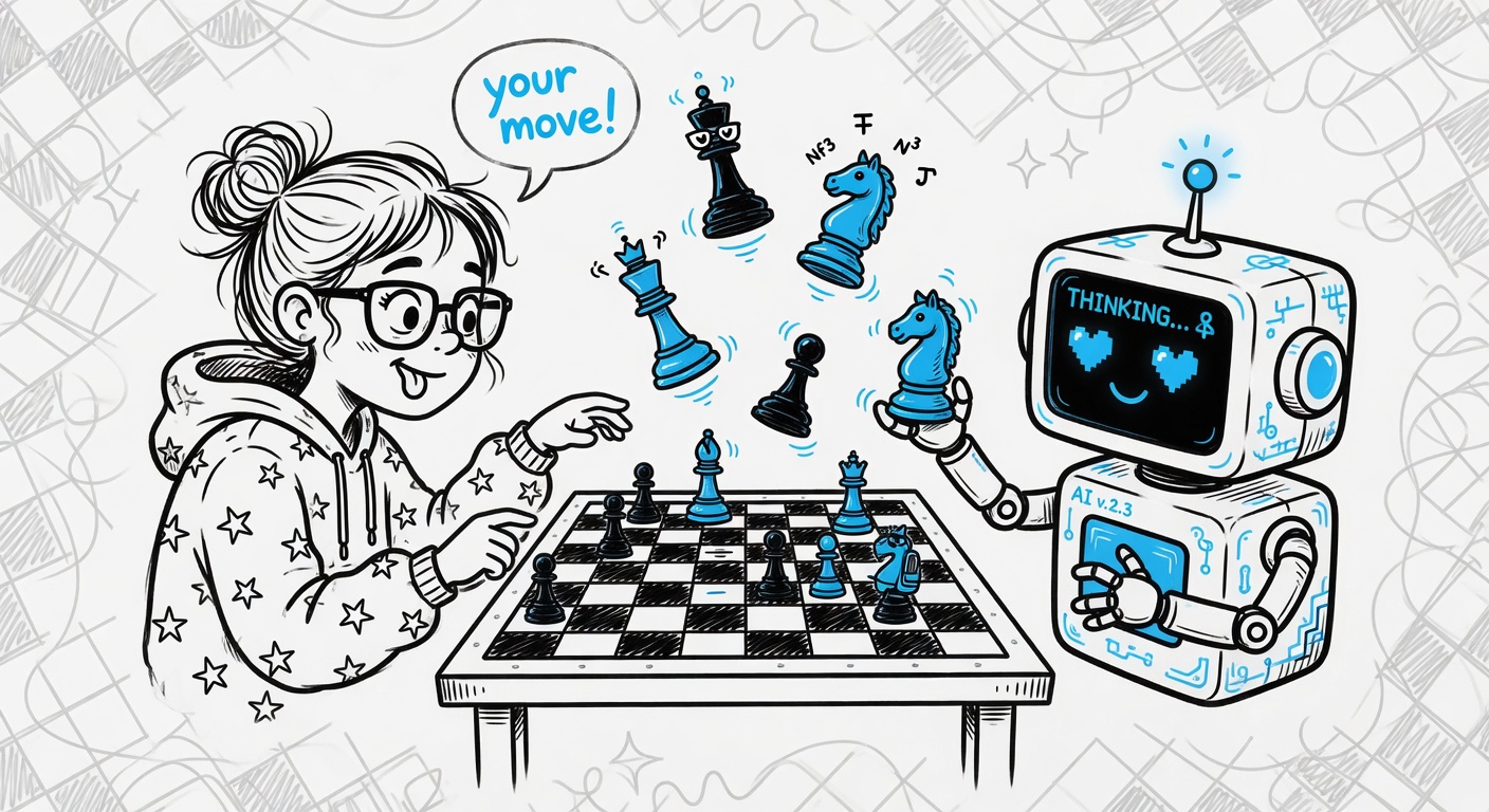 Cartoon doodle of player vs AI chess practice